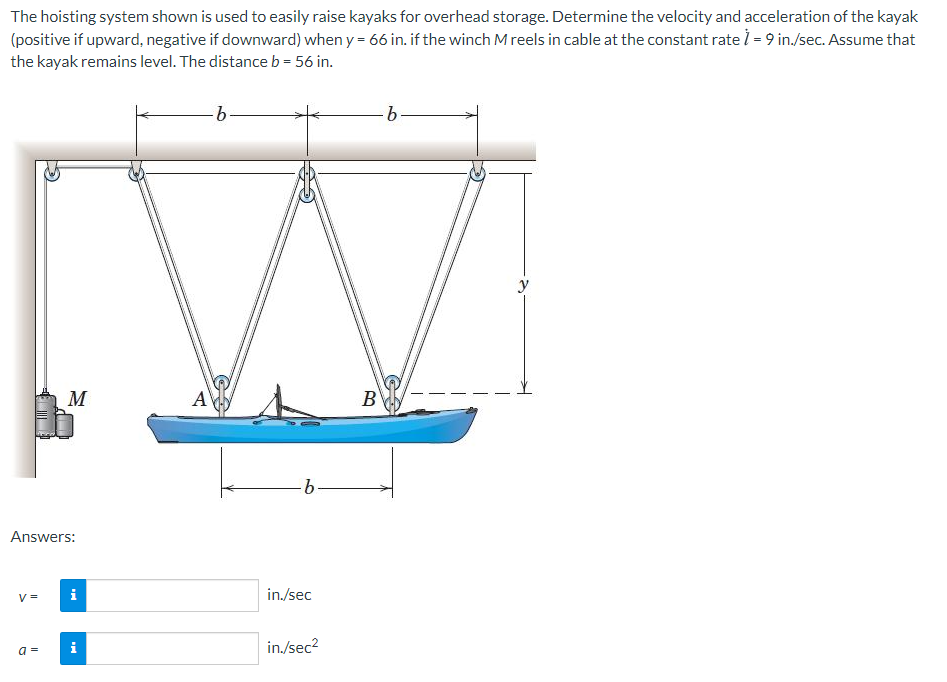 The hoisting system shown is used to easily raise kayaks for overhead storage. Determine the velocity and acceleration of the kayak
(positive if upward, negative if downward) when y = 66 in. if the winch Mreels in cable at the constant rate i = 9 in./sec. Assume that
the kayak remains level. The distance b = 56 in.
y
M
A
B
Answers:
V =
i
in./sec
i
in./sec?
a =
