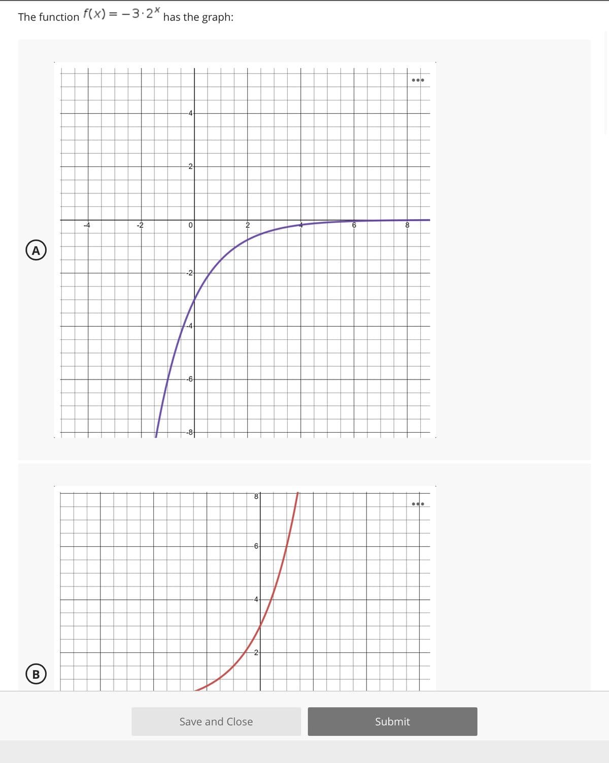 The function F(x) = - 3.2*
has the graph:
-4
-2
-2
6
8
A
-2
-6+
-8-
-4
2-
B
Save and Close
Submit
