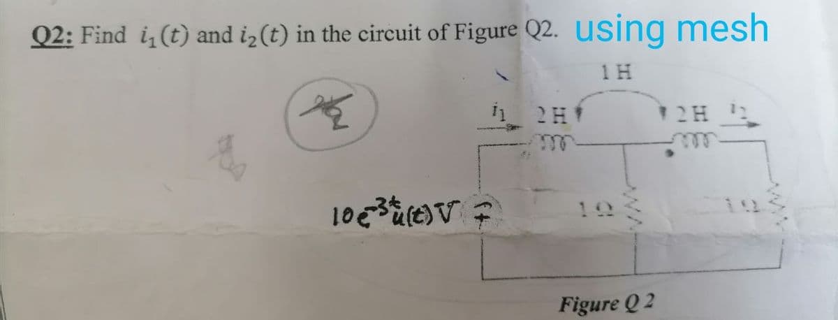 Q2: Find i, (t) and i₂(t) in the circuit of Figure Q2. using mesh
1H
25
1063 (t) =
Figure Q 2
2H