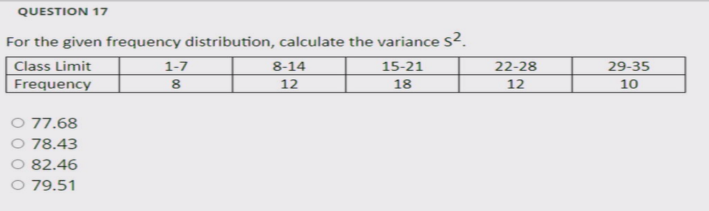 QUESTION 17
For the given frequency distribution, calculate the variance s2.
Class Limit
1-7
8-14
15-21
22-28
29-35
Frequency
12
18
12
10
77.68
78.43
82.46
79.51
