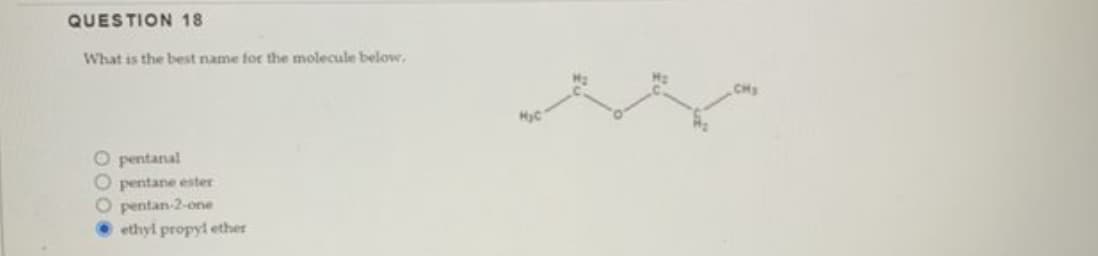 QUESTION 18
What is the best name for the molecule below.
O pentanal
O pentane ester
O pentan-2-one
ethyl propyl ether
CH₂