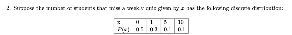 2. Suppose the number of students that miss a weekly quiz given by x has the following discrete distribution:
X
0
P(x) 0.5
1 5 10
0.3 0.1 0.1