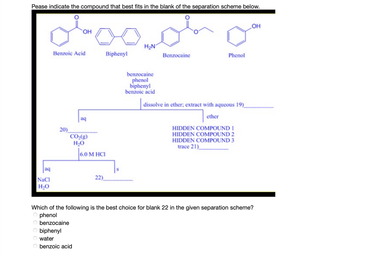 Pease indicate the compound that best fits in the blank of the separation scheme below.
OH
H2N
Benzoic Acid
Biphenyl
Benzocaine
Phenol
benzocaine
phenol
biphenyl
benzoic acid
dissolve in ether; extract with aqueous 19)_
ether
aq
20)
CO,(g)
H2O
HIDDEN COMPOUND 1
HIDDEN COMPC
HIDDEN COMPOUND 3
trace 21)
|6.0 М НСI
aq
22)
NaCl
H20
Which of the following is the best choice for blank 22 in the given separation scheme?
phenol
O benzocaine
O biphenyl
water
O benzoic acid
