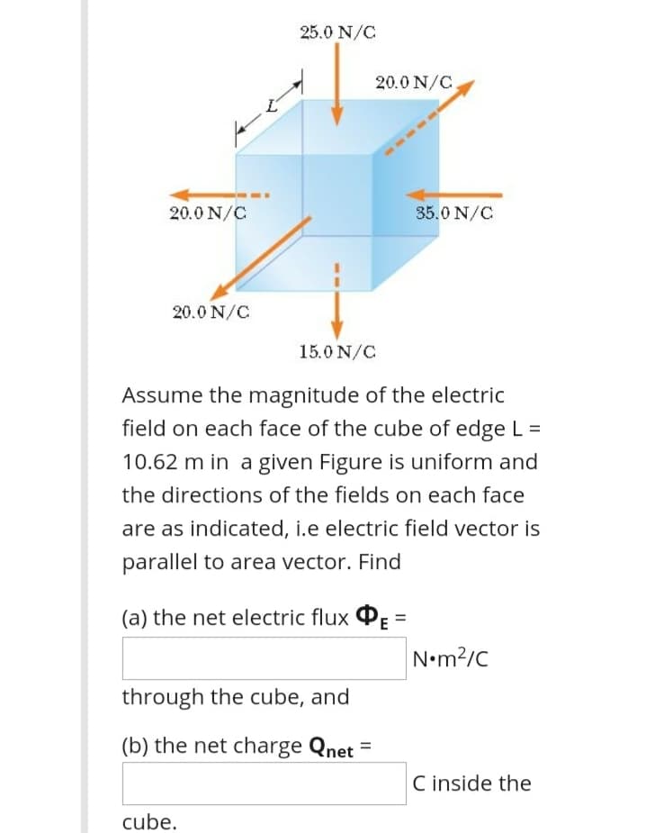 25.0 N/C
20.0 N/C.
20.0 N/C
35.0 N/C
20.0 N/C
15.0 N/C
Assume the magnitude of the electric
field on each face of the cube of edge L =
10.62 m in a given Figure is uniform and
the directions of the fields on each face
are as indicated, i.e electric field vector is
parallel to area vector. Find
(a) the net electric flux OF =
N•m2/C
through the cube, and
(b) the net charge Qnet =
C inside the
cube.
