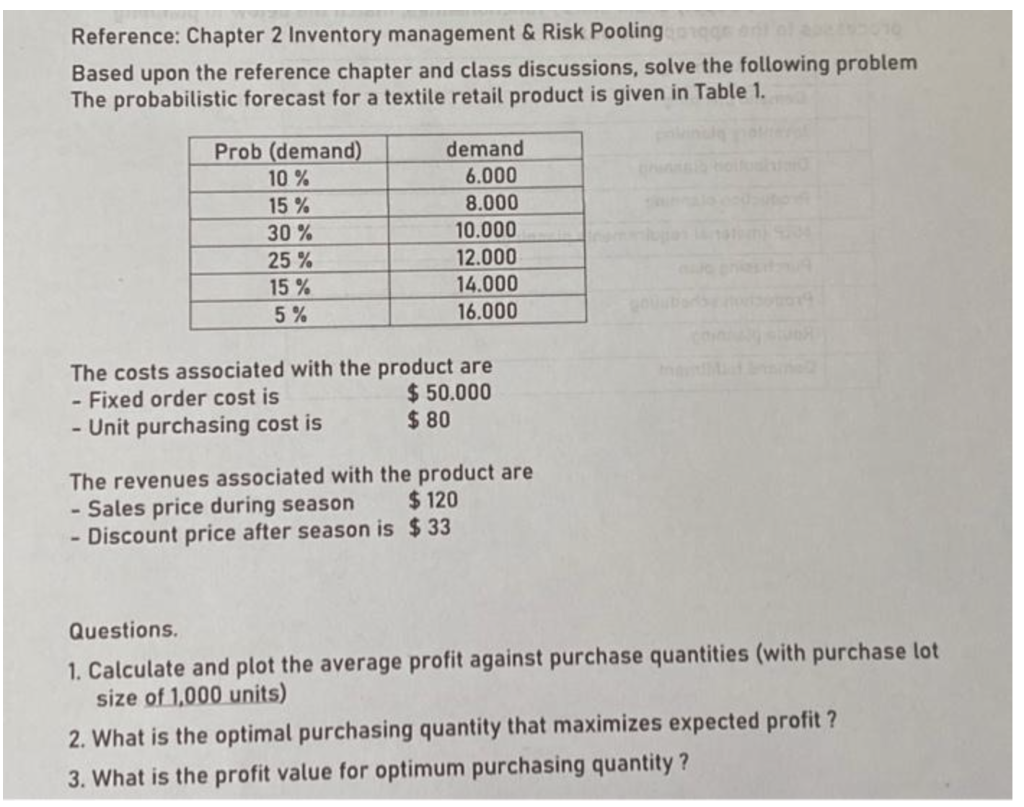 Reference: Chapter 2 Inventory management & Risk Pooling gge an ol
Based upon the reference chapter and class discussions, solve the following problem
The probabilistic forecast for a textile retail product is given in Table 1.
ing
Prob (demand)
10 %
demand
6.000
15%
8.000
30 %
10.000
12.000
14.000
16.000
25%
15 %
5 %
The costs associated with the product are
- Fixed order cost is
- Unit purchasing cost is
$ 50.000
$ 80
The revenues associated with the product are
Sales price during season
- Discount price after season is $33
$ 120
Questions.
1. Calculate and plot the average profit against purchase quantities (with purchase lot
size of 1,000 units)
2. What is the optimal purchasing quantity that maximizes expected profit ?
3. What is the profit value for optimum purchasing quantity ?
