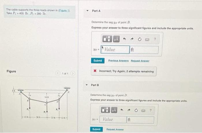 The cable supports the three loads shown in (Figure 1).
Take P - 400 Ib, P - 280 lb
Part A
Determine the sag ya of point B.
Express your answer to three significant figures and include the appropriate units.
Value
ft
Submit
Previous Answers Request Answer
Figure
X Incorrect; Try Again; 2 attempts remaining
1 of 1
Part B
Determine the sag yp of point D.
14h
Express your answer to three significant figures and include the appropriate units.
20n
12n-
VD = Value
ft
Submit
Request Answer
