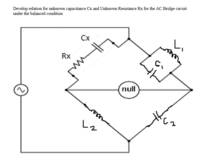 Develop relation for unknown capacitance Cx and Unknown Resistance Rx for the AC Bridge circuit
under the balanced condition
Сх
Rx
null
レ2
も
