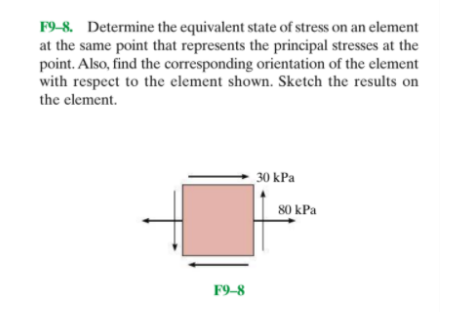 F9-8. Determine the equivalent state of stress on an element
at the same point that represents the principal stresses at the
point. Also, find the corresponding orientation of the element
with respect to the element shown. Sketch the results on
the element.
30 kPa
80 kPa
F9-8
