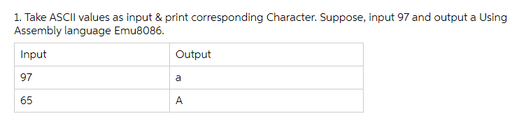 1. Take ASCII values as input & print corresponding Character. Suppose, input 97 and output a Using
Assembly language Emu8086.
Input
Output
97
a
65
A
