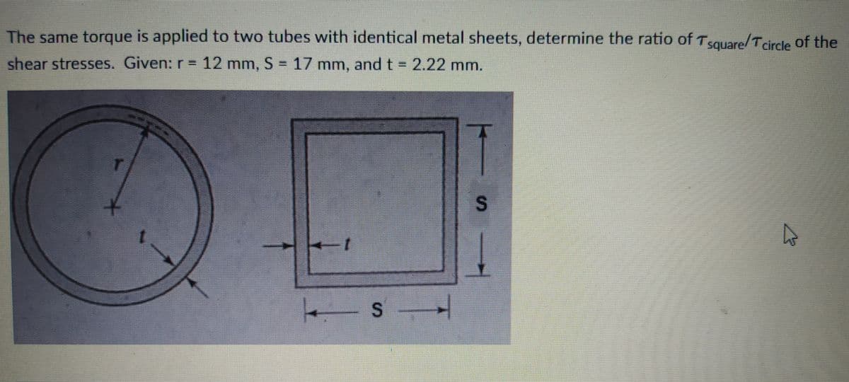 The same torque is applied to two tubes with identical metal sheets, determine the ratio of Tsauare/Tcircle of the
shear stresses. Given: r = 12 mm, S
17 mm, andt-2.22 mm.
=
