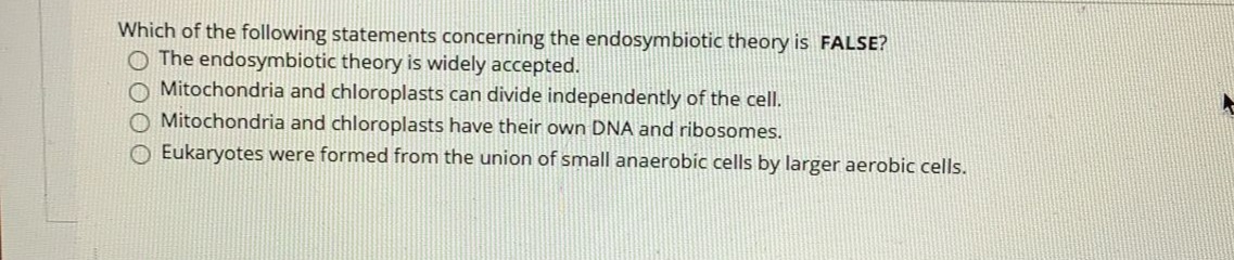 **Question:**

Which of the following statements concerning the endosymbiotic theory is **FALSE**?

- O The endosymbiotic theory is widely accepted.
- O Mitochondria and chloroplasts can divide independently of the cell.
- O Mitochondria and chloroplasts have their own DNA and ribosomes.
- O Eukaryotes were formed from the union of small anaerobic cells by larger aerobic cells.