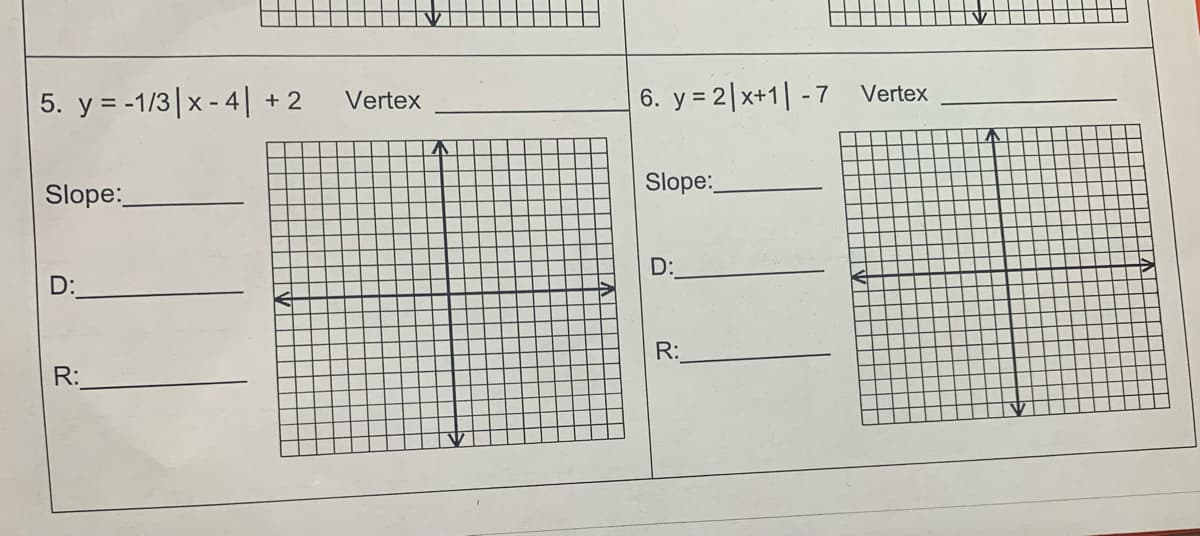 5. y = -1/3|x - 4|
Slope:
D:
R:
+2
Vertex
A
6. y = 2|x+1-7
Slope:
D:
R:
Vertex
A