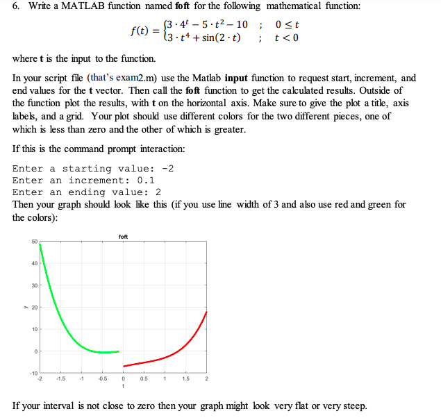 6. Write a MATLAB function named foft for the following mathematical function:
(3. 4t – 5·t2 – 10 ; 0st
f(t) =
(3• t* + sin(2 · t) ; t<0
where t is the input to the function.
In your script file (that's exam2.m) use the Matlab input function to request start, increment, and
end values for the t vector. Then call the foft function to get the calculated results. Outside of
the function plot the results, with t on the horizontal axis. Make sure to give the plot a title, axis
labes, and a grid. Your plot should use different colors for the two different pieces, one of
which is less than zero and the other of which is greater.
If this is the command prompt interaction:
Enter a starting value: -2
Enter an increment: 0.1
Enter an ending value: 2
Then your graph should look like this (if you use line width of 3 and also use red and green for
the colors):
foft
50
40
30
> 20
10
-10
2
-1.5
-1
-0.5
0.5
1.5
2
t
If your interval is not close to zero then your graph might look very flat or very steep.
