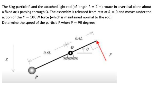 The 6 kg particle P and the attached light rod (of length L = 2 m) rotate in a vertical plane about
a fixed axis passing through O. The assembly is released from rest at 0 = 0 and moves under the
action of the F = 100 N force (which is maintained normal to the rod).
Determine the speed of the particle P when 0 = 90 degrees
8
0.6L
0.4L
F