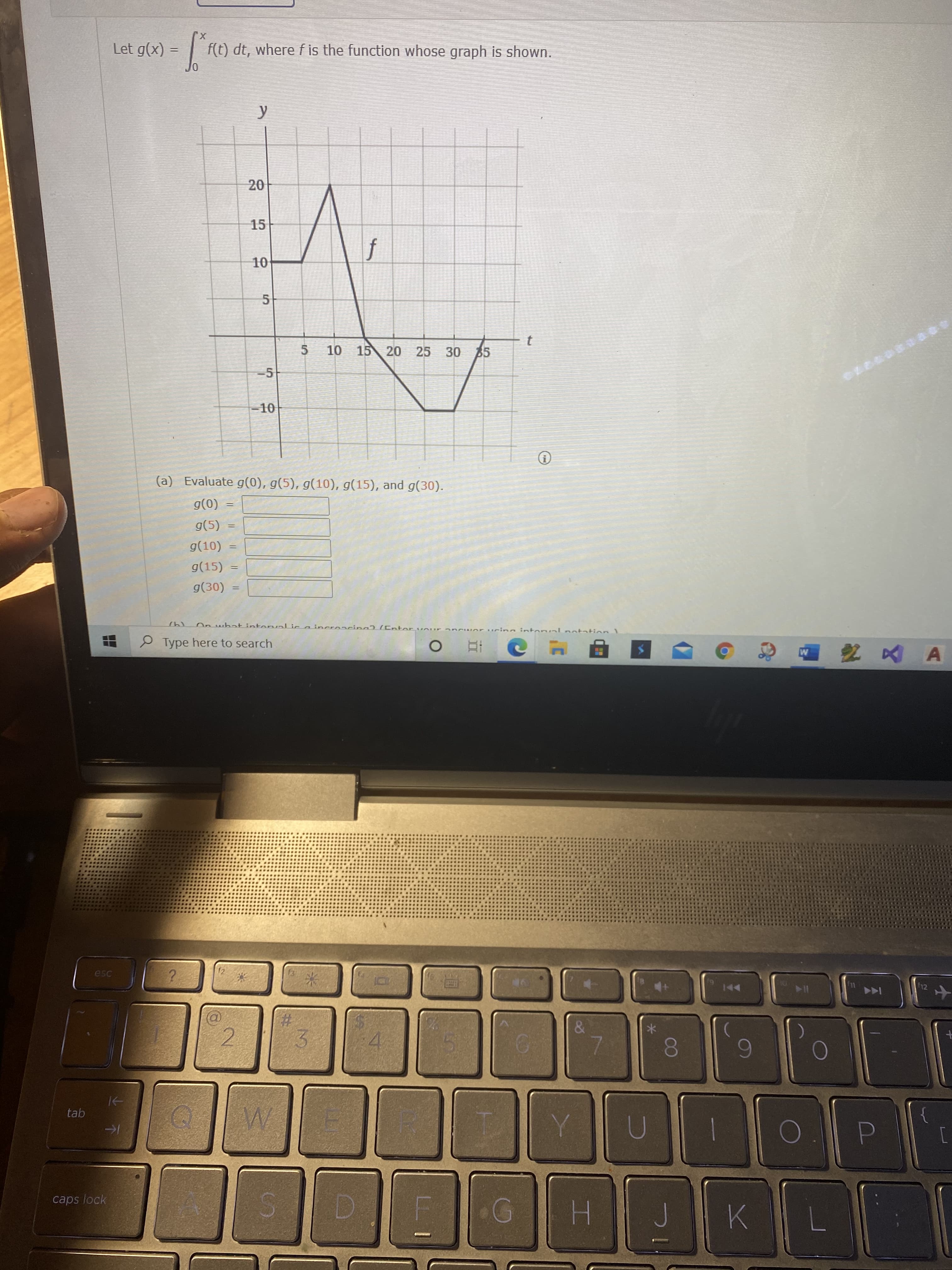 Let g(x) = |
f(t) dt, where f is the function whose graph is shown.
%3D
y
20
15
f
10
5
10 15 20 25 30 35
-5
-10
