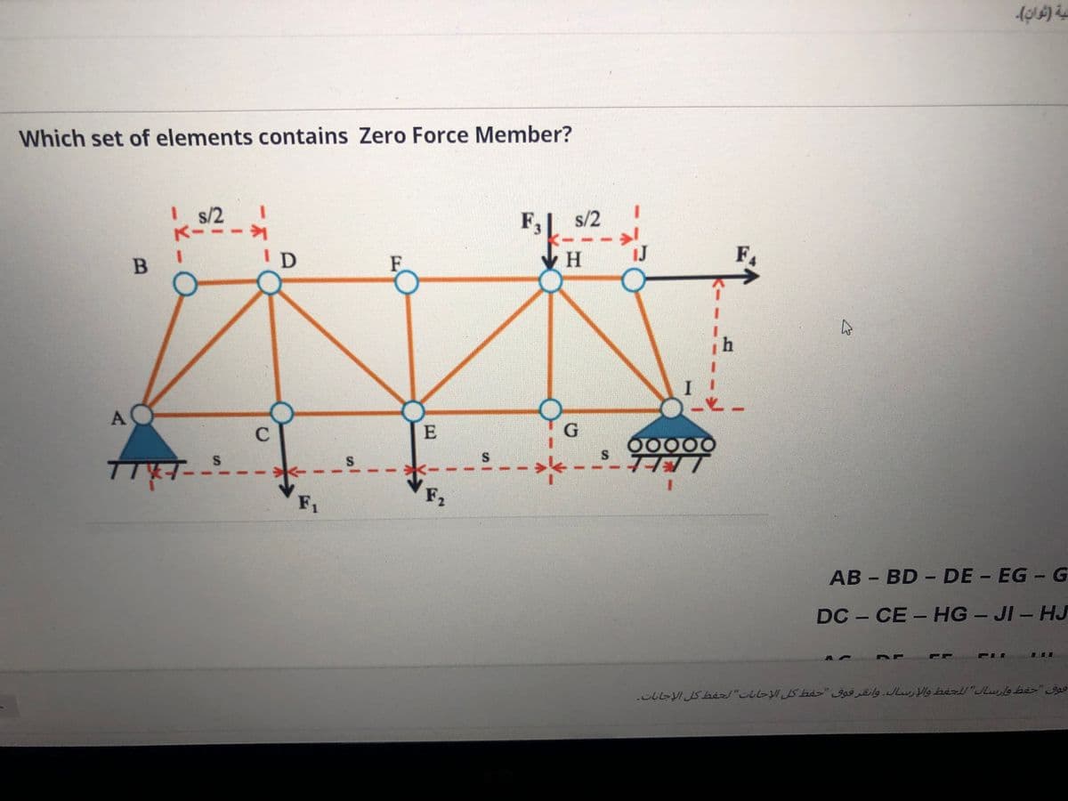 Which set of elements contains Zero Force Member?
I s/2
K-
F,
s/2
F
I D
F
A
S.
F2
F1
AB - BD - DE - EG- G
DC - CE - HG - JI- HJ
