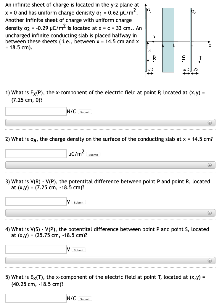 An infinite sheet of charge is located in the y-z plane at
x = 0 and has uniform charge denisity o1 = 0.62 µC/m².
Another infinite sheet of charge with uniform charge
density o2 = -0.29 µC/m² is located at x = c = 33 cm.. An
uncharged infinite conducting slab is placed halfway in
between these sheets ( i.e., between x = 14.5 cm and x
= 18.5 cm).
d
a/2
a/2| a/2
1) What is Ex(P), the x-component of the electric field at point P, located at (x,y) =
(7.25 cm, 0)?
N/C Submit
2) What is oa, the charge density on the surface of the conducting slab at x = 14.5 cm?
| µC/m²
Submit
3) What is V(R) - V(P), the potentital difference between point P and point R, located
at (x,y) = (7.25 cm, -18.5 cm)?
Submit
4) What is V(S) - V(P), the potentital difference between point P and point S, located
at (x,y) = (25.75 cm, -18.5 cm)?
V submit
+
5) What is Ex(T), the x-component of the electric field at point T, located at (x,y) =
(40.25 cm, -18.5 cт)?
N/C Submit
R.
