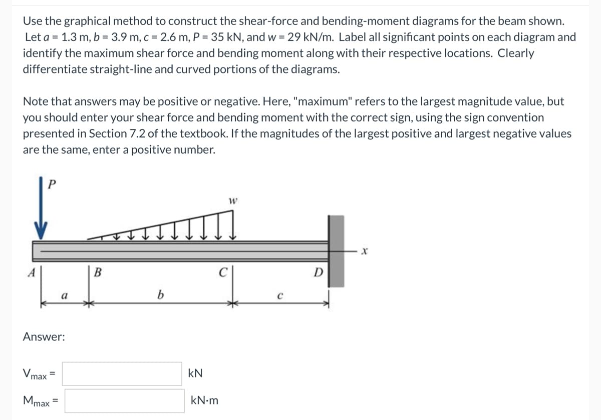 Use the graphical method to construct the shear-force and bending-moment diagrams for the beam shown.
Let a = 1.3 m, b = 3.9 m, c = 2.6 m, P = 35 kN, and w = 29 kN/m. Label all significant points on each diagram and
identify the maximum shear force and bending moment along with their respective locations. Clearly
differentiate straight-line and curved portions of the diagrams.
Note that answers may be positive or negative. Here, "maximum" refers to the largest magnitude value, but
you should enter your shear force and bending moment with the correct sign, using the sign convention
presented in Section 7.2 of the textbook. If the magnitudes of the largest positive and largest negative values
are the same, enter a positive number.
P
W
Xx
D
b
A
Answer:
=
Vmax
Mmax =
a
B
kN
kN•m
с