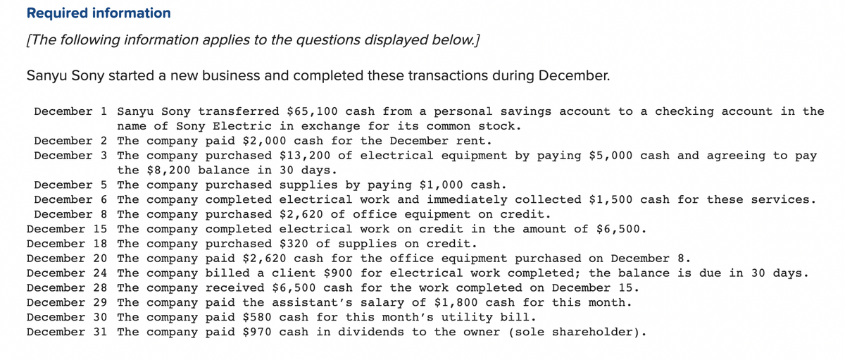 Required information
[The following information applies to the questions displayed below.]
Sanyu Sony started a new business and completed these transactions during December.
December 1 Sanyu Sony transferred $65,100 cash from a personal savings account to a checking account in the
name of Sony Electric in exchange for its common stock.
December 2 The company paid $2,000 cash for the December rent.
December 3 The company purchased $13,200 of electrical equipment by paying $5,000 cash and agreeing to pay
the $8,200 balance in 30 days.
December 5 The company purchased supplies by paying $1,000 cash.
December 6 The company completed electrical work and immediately collected $1,500 cash for these services.
December 8 The company purchased $2,620 of office equipment on credit.
December 15 The company completed electrical work on credit in the amount of $6,500.
December 18 The company purchased $320 of supplies on credit.
December 20 The company paid $2,620 cash for the office equipment purchased on December 8.
December 24 The company billed a client $900 for electrical work completed; the balance is due in 30 days.
December 28 The company received $6,500 cash for the work completed on December 15.
December 29 The company paid the assistant's salary of $1,800 cash for this month.
December 30 The company paid $580 cash for this month's utility bill.
December 31 The company paid $970 cash in dividends to the owner (sole shareholder).