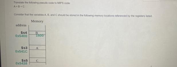 Translate the following pseudo code to MIPS code:
A=B+C
Consider that the variables A, B, and C should be stored in the following memory locations referenced by the registers listed.
Memory
address
$$4
0x5400
$s3 A
0x541C
с
$S5
0x5438
1600