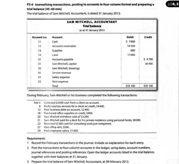 P2-6 Journalising transactions, posting to accounts in four-column format and preparing a
LO4,5
trial balance [45-60 min)
The trial balance of Sam Mitchell, Accountant, is dated 31 January 2013:
SAM MITCHELL, ACCOUNTANT
Trial balance
as at 31 January 2013
Account no.
Account
Debit
Credit
11
Cash
$ 7000
12
Accounts receivable
10 500
Supplies
600
13
14
Land
17000
21
Accounts payable
$ 4700
Sam Mitchell, capital
30 400
31
32
Sam Mitchell, drawings
41
Service revenue
51
Salary expense
52
Rent expense
Total
$35 100
$35 100
During February, Sam Mitchell or his business completed the following transactions:
Feb 4 Collected $4000 cash from a client on account.
8 Performed tax services for a client on credit, 54600.
13 Paid business debt on account, S$2400.
18 Purchased office supplies on credit, $900.
20 Sam Mitchell withdrew cash of $2200.
21 Sam Mitchell paid for a deck for his private residence using personal funds, $8000.
22 Received $2 300 cash for consulting work just completed.
27 Paid office rent, $500.
29 Paid employee salary. $1 600.
Requirements
1 Record the February transactions in the journal. Include an explanation for each entry.
2 Post the transactions to four-column accounts in the ledger, using dates, account numbers,
journal references and posting references. Open the ledger accounts listed in the trial balance,
together with their balances at 31 January.
3 Prepare the trial balance of Sam Mitchell, Accountant, at 28 February 2013.
