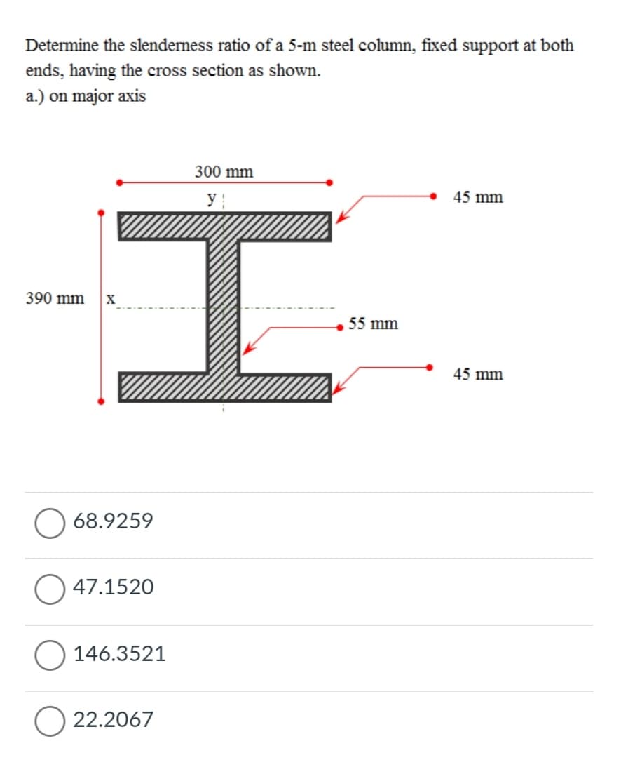 Determine the slenderness ratio of a 5-m steel column, fixed support at both
ends, having the cross section as shown.
a.) on major axis
300 mm
y
45 mm
390 mm
X
55 mm
45 mm
68.9259
O 47.1520
O 146.3521
O 22.2067
