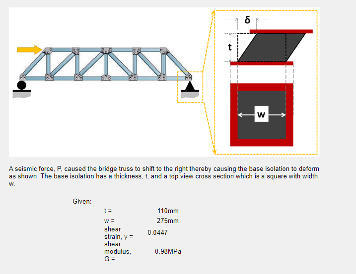 Given:
A seismic force, P, caused the bridge truss to shift to the right thereby causing the base isolation to deform
as shown. The base isolation has a thickness, t, and a top view cross section which is a square with width,
W.
t =
W =
shear
strain, y =
shear
modulus,
G =
110mm
275mm
0.0447
8
0.98MPa
W