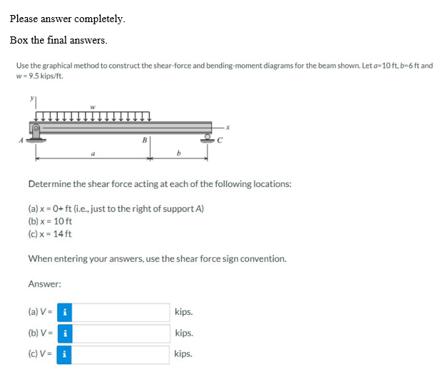 Please answer completely.
Box the final answers.
Use the graphical method to construct the shear-force and bending-moment diagrams for the beam shown. Let a-10 ft, b-6 ft and
w = 9.5 kips/ft.
"
Answer:
Determine the shear force acting at each of the following locations:
(a) x = 0+ ft (i.e., just to the right of support A)
(b)x= 10 ft
(c) x = 14 ft
When entering your answers, use the shear force sign convention.
(a) V =
i
a
(b) V =
i
(c) V = i
b
kips.
kips.
kips.