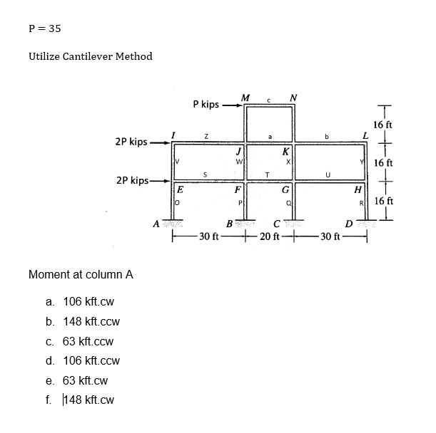 P = 35
Utilize Cantilever Method
2P kips
2P kips
Moment at column A
a. 106 kft.cw
b. 148 kft.ccw
c. 63 kft.ccw
d. 106 kft.ccw
e. 63 kft.cw
f. 148 kft.cw
A
E
10
P kips
Z
-30 ft-
B
M
W
F
P
с
N
K
X
b
20 ft-30 ft-
L
H
D
R
T
16 ft
16 ft
16 ft
1