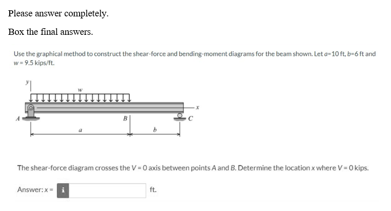 Please answer completely.
Box the final answers.
Use the graphical method to construct the shear-force and bending-moment diagrams for the beam shown. Let a-10 ft, b=6 ft and
w = 9.5 kips/ft.
B
Answer: x = i
b
The shear-force diagram crosses the V = 0 axis between points A and B. Determine the location x where V = 0 kips.
x
ft.