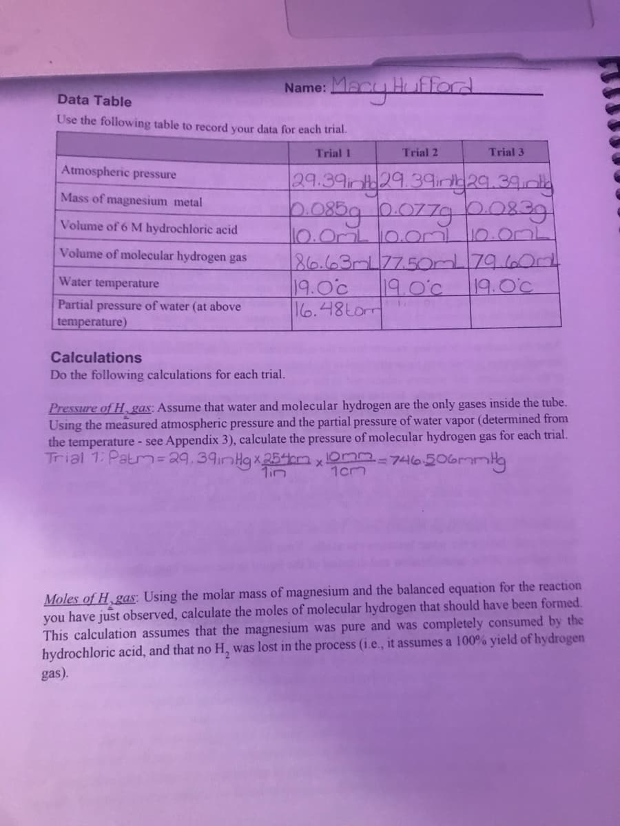Data Table
Use the following table to record your data for each trial.
Trial 1
Atmospheric pressure
Mass of magnesium metal
Volume of 6 M hydrochloric acid
Volume of molecular hydrogen gas
Name: Macy Hufford
Water temperature
Partial pressure of water (at above
temperature)
Calculations
Do the following calculations for each trial.
Trial 2
19.0c
16.48tom
Trial 3
29.39inH29.39in29.39in
0.085g 0.0779 0.0839
110.0mL 10.0m 10.00L
86.63mL77.50ml 79.600
19.0c
19.0c
Pressure of H, gas: Assume that water and molecular hydrogen are the only gases inside the tube.
Using the measured atmospheric pressure and the partial pressure of water vapor (determined from
the temperature - see Appendix 3), calculate the pressure of molecular hydrogen gas for each trial.
Trial 1: Patm=29,39inHgx254cmx10mm-746.506mmHg
1in
Moles of H,gas: Using the molar mass of magnesium and the balanced equation for the reaction
you have just observed, calculate the moles of molecular hydrogen that should have been formed.
This calculation assumes that the magnesium was pure and was completely consumed by the
hydrochloric acid, and that no H₂ was lost in the process (i.e., it assumes a 100% yield of hydrogen
gas).