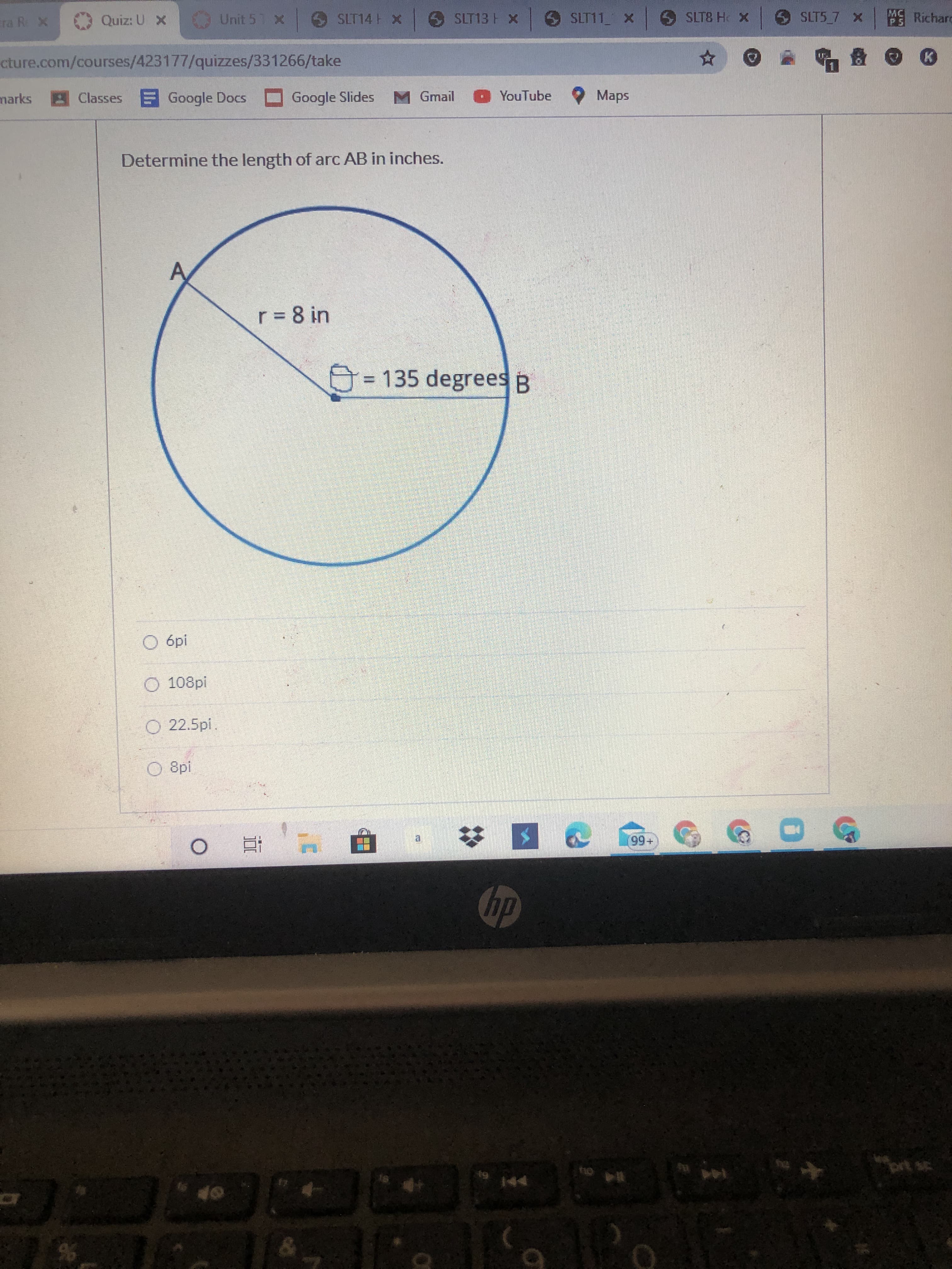 r= 8 in
O=135 degrees B
%3D
