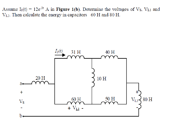 Assume I1(t) = 12e3t A in Figure 1(b). Determine the voltages of Vs. VL1 and
VL2. Then calculate the energy in capacitors 60 H and 80 H.
I;(t)
31 H
40 H
20 H
10 H
60 H
50 H
V3 80 H
Vs
+ VL1 -
be
