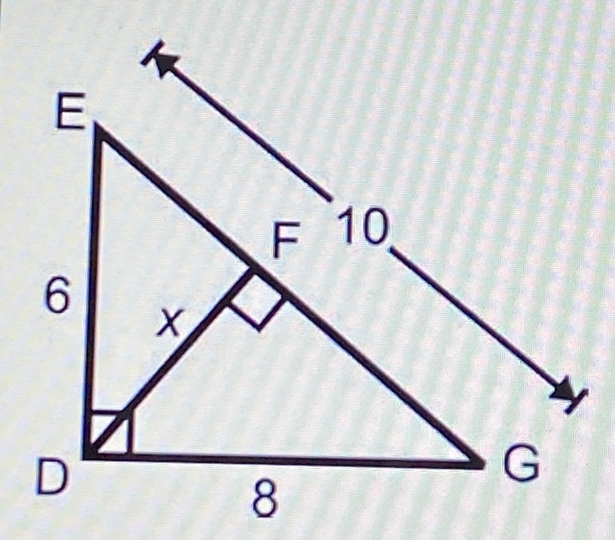 This image represents two right-angled triangles, triangles DEF and DFG, sharing one of their legs (line segment DF). The specifics of the diagram are as follows:

- Triangle DEF has a base length of 8 units (line segment DF).
- Triangle DEF has an altitude (height) from point E to line segment DF that measures 6 units (line segment DE).
- Triangle DFG is an extension of triangle DEF. The total length of line segment DG is 10 units.
- There is a right angle (denoted by a small square) at point F in triangle DFG.
- The hypotenuse of triangle DEF (line segment EF) is not explicitly provided.
- Point F lies on the hypotenuse EG of the larger triangle DFG, forming a right-angled triangle EFG where EF may be considered the height, FG the base, and EG the hypotenuse.
- The angle at D in triangle DEF is also a right angle, marked clearly by another small square.

The problem might involve calculating unknown lengths or angles using Pythagorean Theorem or trigonometric ratios:

- To find the length EF in triangle DEF, Pythagorean Theorem can be used:
  ```
  EF = √(DE² + DF²) = √(6² + 8²) = √(36 + 64) = √100 = 10 units.
  ```

The given diagram could be used to further illustrate concepts such as similar triangles, trigonometric identities, and geometric relationships in right-angled triangles.