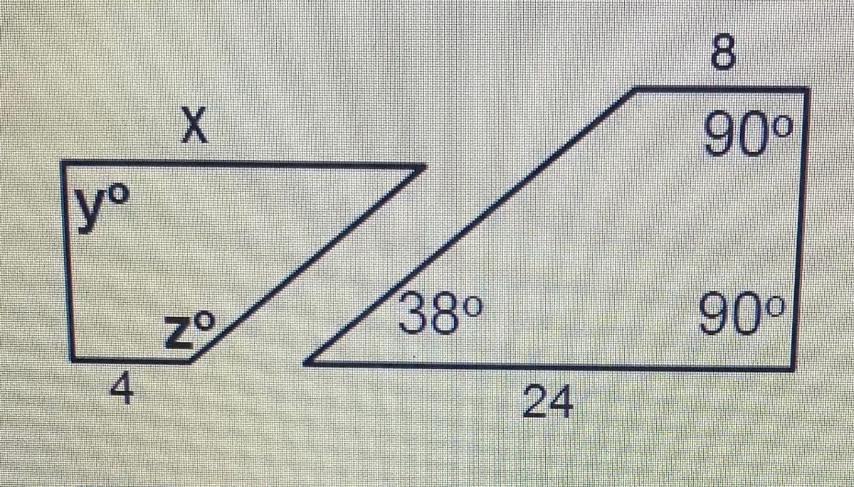 ### Understanding Trapezoids

This image contains two geometric shapes, specifically trapezoids, each with various measurements. 

#### Trapezoid on the Left:
This trapezoid has the following characteristics:
- One of its angles is denoted as \( y^\circ \).
- Another angle is denoted as \( z^\circ \).
- The left side of the trapezoid adjacent to \( y^\circ \) measures \( 4 \) units.
- The top side of the trapezoid opposite \( z^\circ \) is represented as \( x \) units.

#### Trapezoid on the Right:
This trapezoid includes:
- Two right angles, each measuring \( 90^\circ \).
- The top side measures \( 8 \) units.
- The bottom side measures \( 24 \) units.
- The angle between the slanted side and the bottom side of the trapezoid measures \( 38^\circ \).

### Key Concepts:

- **Angles**:
  - \( y^\circ \) and \( z^\circ \) are internal angles of the left trapezoid.
  - \( 38^\circ \), \( 90^\circ \), and \( 90^\circ \) are internal angles of the right trapezoid.
  
- **Parallel Sides**:
  - In trapezoids, one pair of opposite sides is parallel. The sides of the trapezoids labeled \( x \) and \( 4 \), and those labeled \( 8 \) and \( 24 \) represent these parallel sides.
  
- **Right Angles**:
  - Right angles are \( 90^\circ \). The right trapezoid has two right angles, which are indicated in the illustration.

### Applying Geometry Theorems:

#### For the Left Trapezoid:
- If \( y \) and \( z \) are the internal angles in a trapezoid, they must sum to \( 180^\circ \) if the non-parallel sides are an extension of the same line.

#### For the Right Trapezoid:
- The sum of all angles inside a trapezoid is always \( 360^\circ \). Given two right angles and one angle of \( 38^\circ \), the remaining angle can be calculated as follows:
  - \( 90^\circ + 90^\circ + 38^\circ \) 
 