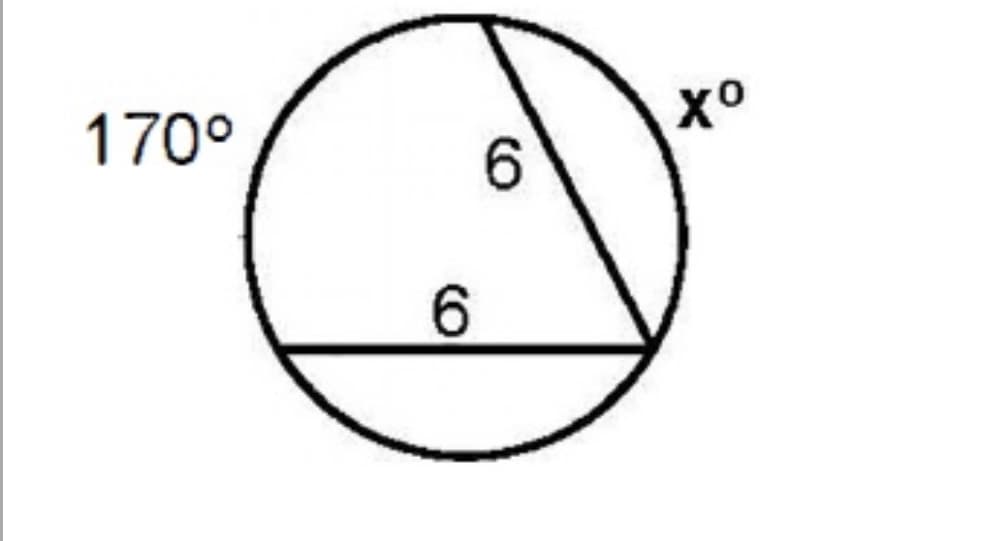 This image is a diagram of a circle containing an inscribed triangle. The circle has an angle labeled 170 degrees, formed by two radii and a chord of the circle. Inside the triangle, two sides are labeled as 6 (units). 

Key elements of the diagram include:
- A circle with an inscribed triangle and a chord.
- The vertex angle outside the circle is given as 170 degrees.
- Two of the triangle's sides within the circle are labeled with a length of 6 units each.
- There is an unknown angle, labeled as \( x \) degrees, opposite the chord of the circle.

To solve for the unknown \( x \) degrees, one can use the properties of circles, triangles, and inscribed angles. In particular, knowing that the sum of angles in any triangle is 180 degrees and applying properties of the specific types of triangles formed with circles (like isosceles triangles with equal radii) can help derive \( x \).