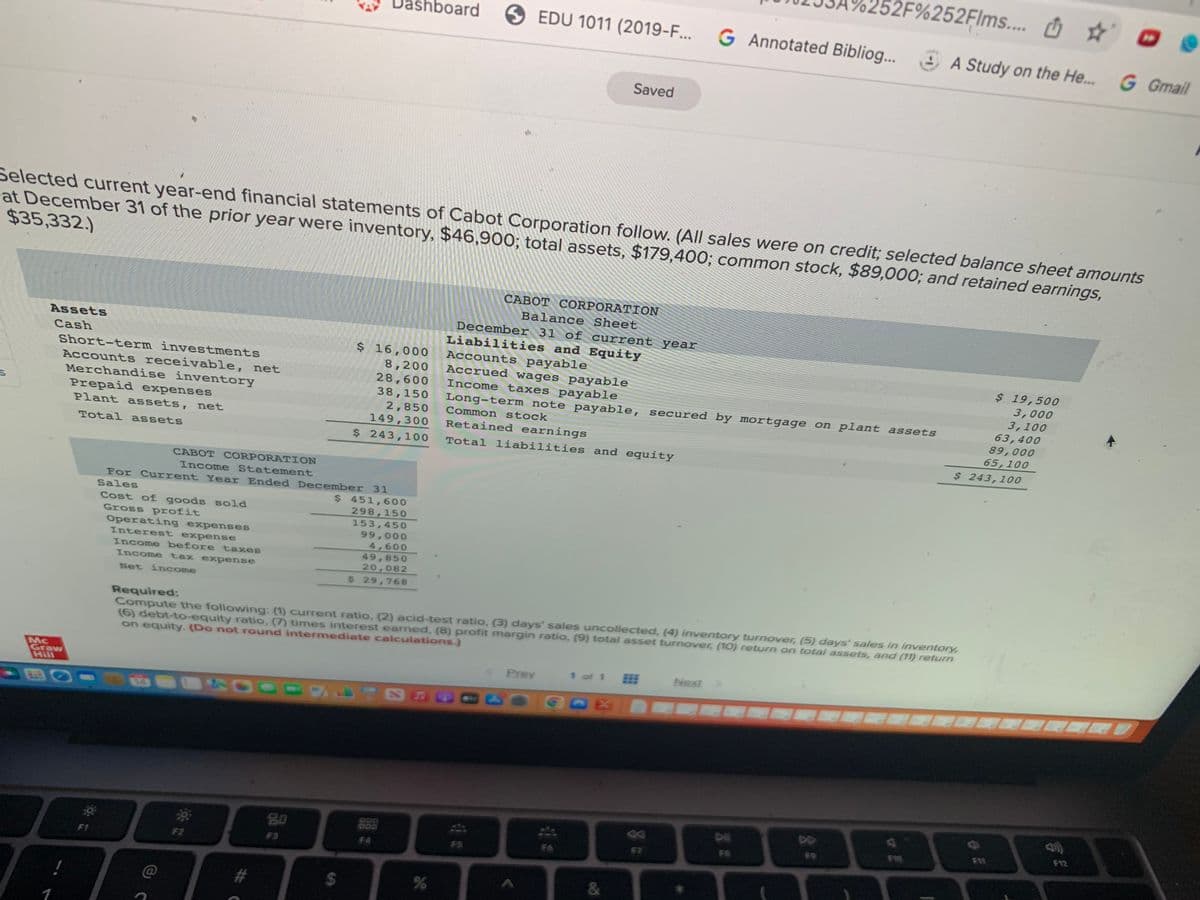 S
Assets
Cash
Short-term investments
Accounts receivable, net
Mc
Graw
Hill
1
Selected current year-end financial statements of Cabot Corporation follow. (All sales were on credit; selected balance sheet amounts
at December 31 of the prior year were inventory, $46,900; total assets, $179,400; common stock, $89,000; and retained earnings,
$35,332.)
Merchandise inventory
Prepaid expenses
Plant assets, net
Total assets
F1
CABOT CORPORATION
Income Statement
For Current Year Ended December 31
Sales
$ 451,600
Cost of goods sold
Gross profit
Operating expenses
Interest expense
Income before taxes
Income tax expense
Net income
C
F2
#
80
$ 16,000
8,200
28,600
38,150
2,850
149,300
$ 243,100
$
298,150
153,450
99,000
4,600
board
49,850
20,082
$ 29,768
%
SEDU 1011 (2019-F...
CABOT CORPORATION
Balance Sheet
December 31 of current year
Liabilities and Equity
Required:
Compute the following: (1) current ratio, (2) acid-test ratio, (3) days' sales uncollected, (4) inventory turnover, (5) days' sales in inventory,
(6) debt-to-equity ratio, (7) times interest earned, (8) profit margin ratio, (9) total asset turnover, (10) return on total assets, and (11) return
on equity. (Do not round intermediate calculations.)
(*
Saved
Accounts payable
Accrued wages payable
Income taxes payable
Long-term note payable, secured by mortgage on plant assets
Common stock
Retained earnings
Total liabilities and equity
< Prev
D
1 of 1
&
G Annotated Bibliog...
$2F%252Flms.... Û ☆
Next
3:
DD
A Study on the He.... G Gmail
4
F10
$ 243,100
$ 19,500
3,000
3,100
63,400
89,000
65,100
F11
$
F12
D