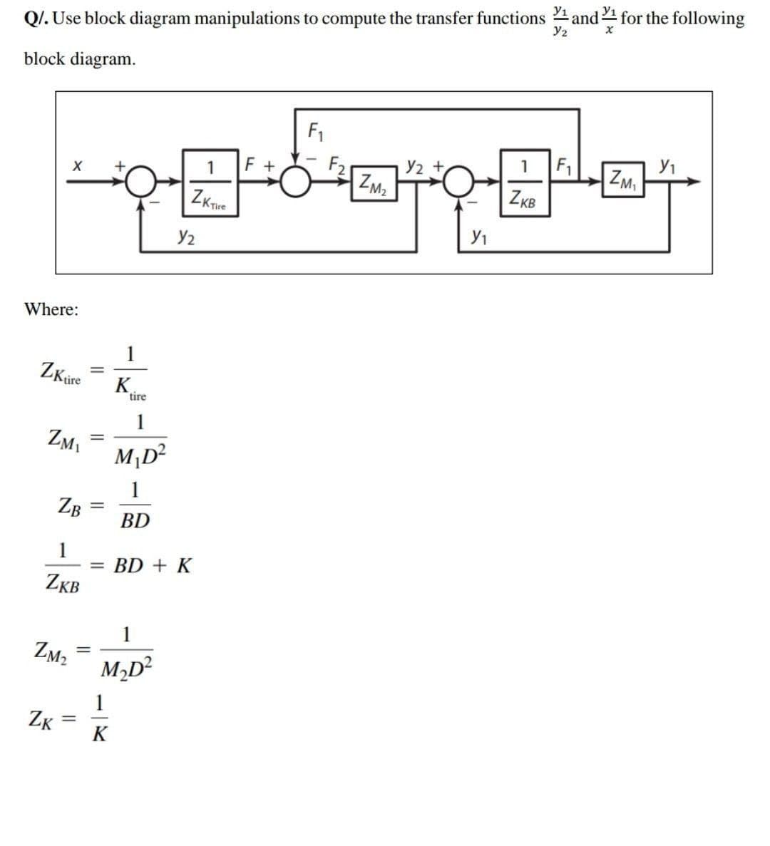 y2
QI. Use block diagram manipulations to compute the transfer functions 4 and4 for the following
block diagram.
F1
1
F1
У2 +
ZM2
1
F +
ZM,
ZKB
ZKTne
Y2
Where:
1
ZKire
K.
tire
1
M¡D²
1
ZB
BD
1
BD + K
ZKB
Zm2
M,D?
1
ZK
K
||
