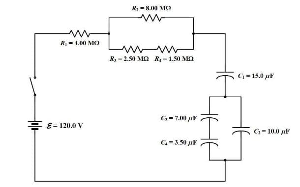 R2 = 8.00 M2
R1 = 4.00 MQ
R3 = 2.50 M2 R, 1.50 MQ
C = 15.0 µF
C3 = 7.00 µF
E ɛ= 120.0 V
C = 10.0 µF
C = 3.50 µF
HAE
