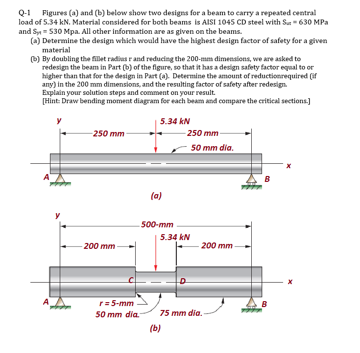 Q-1 Figures (a) and (b) below show two designs for a beam to carry a repeated central
load of 5.34 kN. Material considered for both beams is AISI 1045 CD steel with Sut = 630 MPa
and Syt = 530 Mpa. All other information are as given on the beams.
(a) Determine the design which would have the highest design factor of safety for a given
material
(b) By doubling the fillet radius r and reducing the 200-mm dimensions, we are asked to
redesign the beam in Part (b) of the figure, so that it has a design safety factor equal to or
higher than that for the design in Part (a). Determine the amount of reductionrequired (if
any) in the 200 mm dimensions, and the resulting factor of safety after redesign.
Explain your solution steps and comment on your result.
[Hint: Draw bending moment diagram for each beam and compare the critical sections.]
y
5.34 kN
-250 mm
- 250 mm
50 mm dia.
A
B
(a)
500-mm
5.34 kN
- 200 mm
- 200 mm
A
r= 5-mm
50 mm dia.-
75 mm dia.-
(b)
