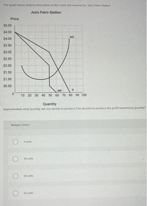 The graph below depicts information on the costs and revenue for Joe's Petro Station.
Joe's Petro Station
Price
$5.00
$4.50
MC
$4.00
$3.50
$3.00
$2.50
$2.00
$1.50
$1.00
$0.50
MR
D.
10 20 30 40 50 60 70 80 90 100
Quantity
Approximately what quantity will Joe decide to produce if he decides to produce the profit-maximizing quantity?
Multiple Choice
O units
50 units
60 units
62 units
