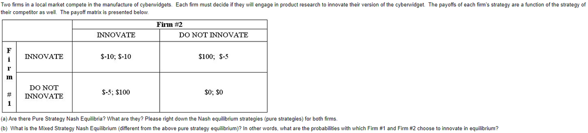 Two firms in a local market compete in the manufacture of cyberwidgets. Each firm must decide if they will engage in product research to innovate their version of the cyberwidget. The payoffs of each firm's strategy are a function of the strategy of
their competitor as well. The payoff matrix is presented below.
F
i
I'
m
#
1
INNOVATE
DO NOT
INNOVATE
INNOVATE
$-10; $-10
$-5; $100
Firm #2
DO NOT INNOVATE
$100; $-5
$0; $0
(a) Are there Pure Strategy Nash Equilibria? What are they? Please right down the Nash equilibrium strategies (pure strategies) for both firms.
(b) What is the Mixed Strategy Nash Equilibrium (different from the above pure strategy equilibrium)? In other words, what are the probabilities with which Firm #1 and Firm # 2 choose to innovate in equilibrium?