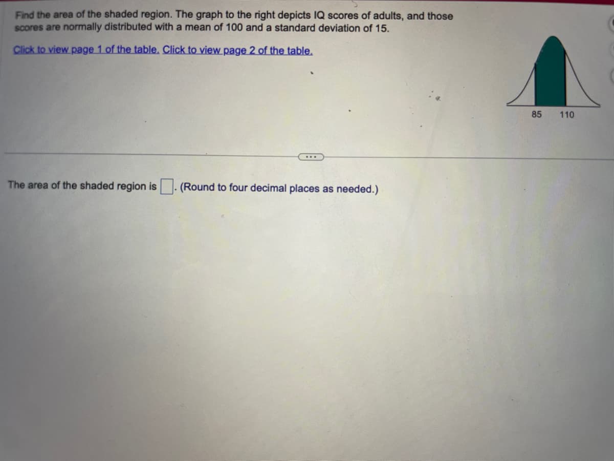 Find the area of the shaded region. The graph to the right depicts IQ scores of adults, and those
scores are normally distributed with a mean of 100 and a standard deviation of 15.
Click to view page 1 of the table. Click to view page 2 of the table.
...
The area of the shaded region is. (Round to four decimal places as needed.)
85
110