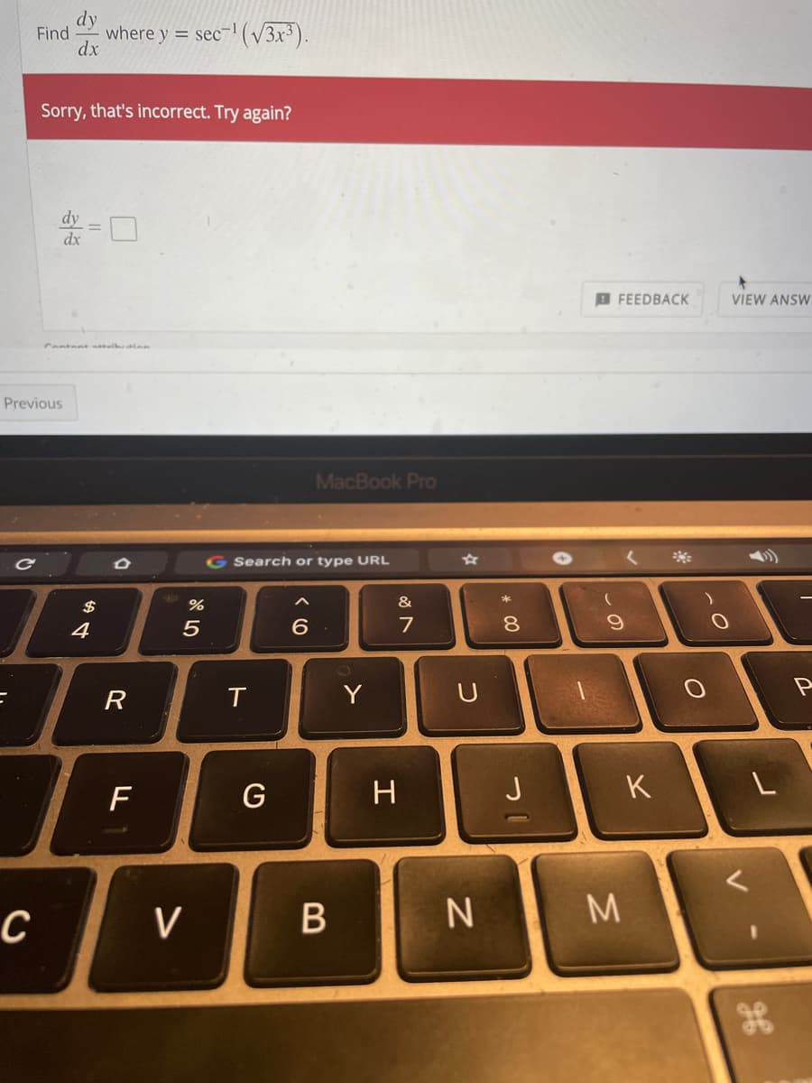 Find
where y = sec-' (V3x³).
dx
Sorry, that's incorrect. Try again?
dx
E FEEDBACK
VIEW ANSW
Conter t atik len
Previous
MacBook Pro
G Search or type URL
*
&
4
6.
7
8.
R
Y
U
G
H
J
K
M.
с
V
B
ト
