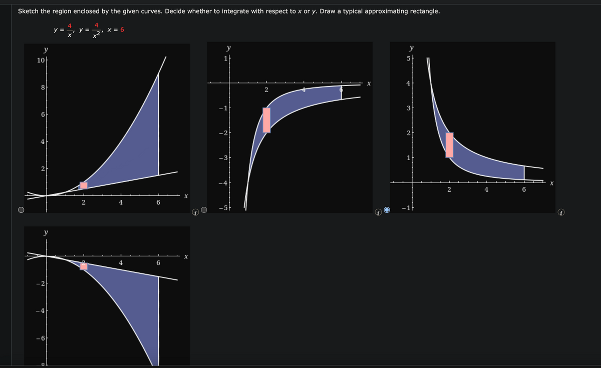 Sketch the region enclosed by the given curves. Decide whether to integrate with respect to x or y. Draw a typical approximating rectangle.
4
X
4
+²'
y
10
8
6
4
2
y
-2
-6
O
y
y =
2
X = 6
4
6
6
X
X
y
-1
-2
-3
2
X
y
5
3
2
2
6
X