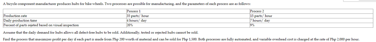 A bicycle component manufacturer produces hubs for bike wheels. Two processes are possible for manufacturing, and the parameters of each process are as follows:
Process 1
35 parts/ hour
4 hours/ day
20%
Production rate
Daily production time
Percent of parts rejeted based on visual inspection
Process 2
15 parts/ hour
7 hours/ day
9%
Assume that the daily demand for hubs allows all defect-free hubs to be sold. Additionally, tested or rejected hubs cannot be sold.
Find the process that maximizes profit per day if each part is made from Php 200 worth of material and can be sold for Php 1,500. Both processes are fully automated, and variable overhead cost is charged at the rate of Php 2,000 per hour.