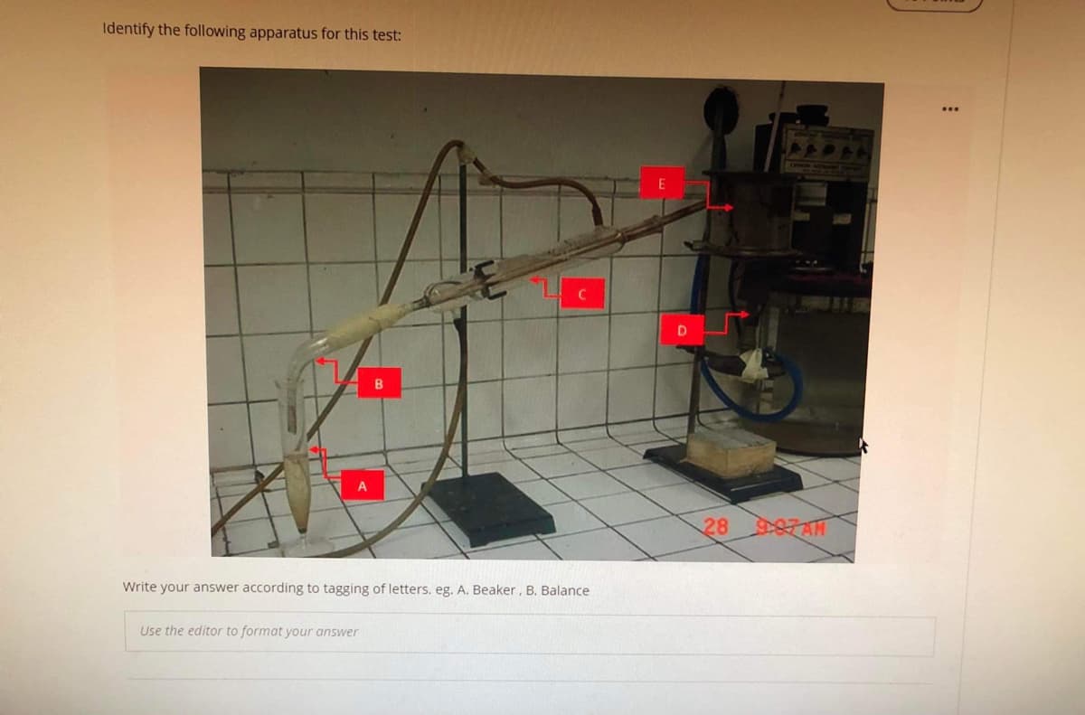 Identify the following apparatus for this test:
28 87AM
Write your answer according to tagging of letters, eg. A. Beaker, B. Balance
Use the editor to format your answer
