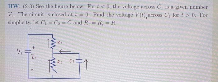 HW: (2-3) See the figure below. For t < 0, the voltage across C1 is a given number
V. The circuit is closed at t = 0. Find the voltage V(t) across Ci for t > 0. For
simplicity, let C = C2 = C and R = R2 = R.
R1
Vi
C1
R2
