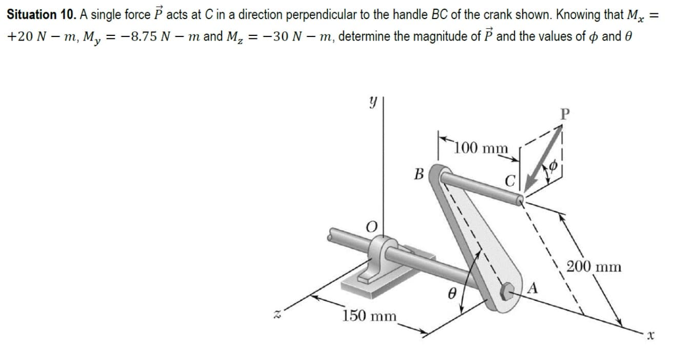 Situation 10. A single force P acts at Cin a direction perpendicular to the handle BC of the crank shown. Knowing that M,
+20 N – m, M, = -8.75 N – m and M, = -30 N – m, determine the magnitude of P and the values of o and 0
%3D
100 mm
В
200 mm
150 mm
xr
