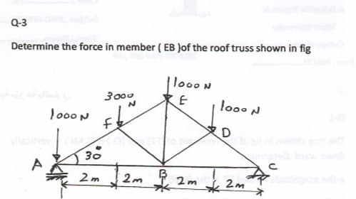 Q-3
Determine the force in member ( EB Jof the roof truss shown in fig
loo0 N
3000
looo N
Jo00 N
D
30
2m I 2m į 2m
ngm
2m
